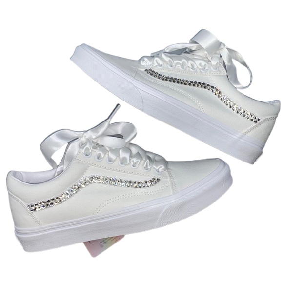 Luxe Crystal Diamond Classic Lace Up Old Skool Vans Hightop All Sizes New - Picture 7 of 9